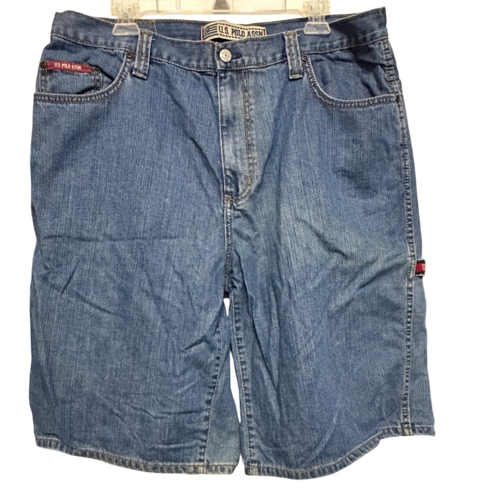 US Polo Assn Mens Denim Carpenter Shorts Blue Size 38 Hammer LoopUtility Vintage